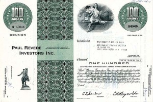 Paul Revere Investors Inc. - 1972 dated Financial Firm Stock Certificate